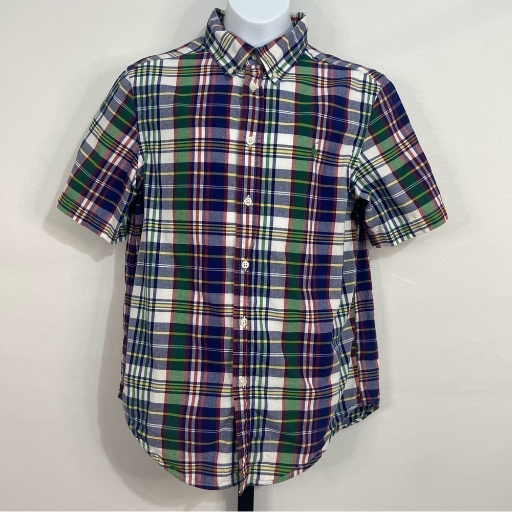 Ralph Lauren button up shirt boys size 14/16 short sleeved blue and green plaid